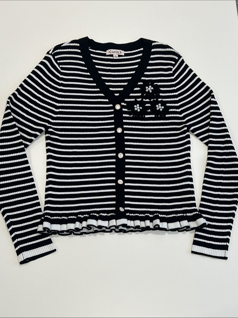NANETTE LEPORE Faux Cardigan XL V-Neck Knit Top Black White Striped Vintage Look